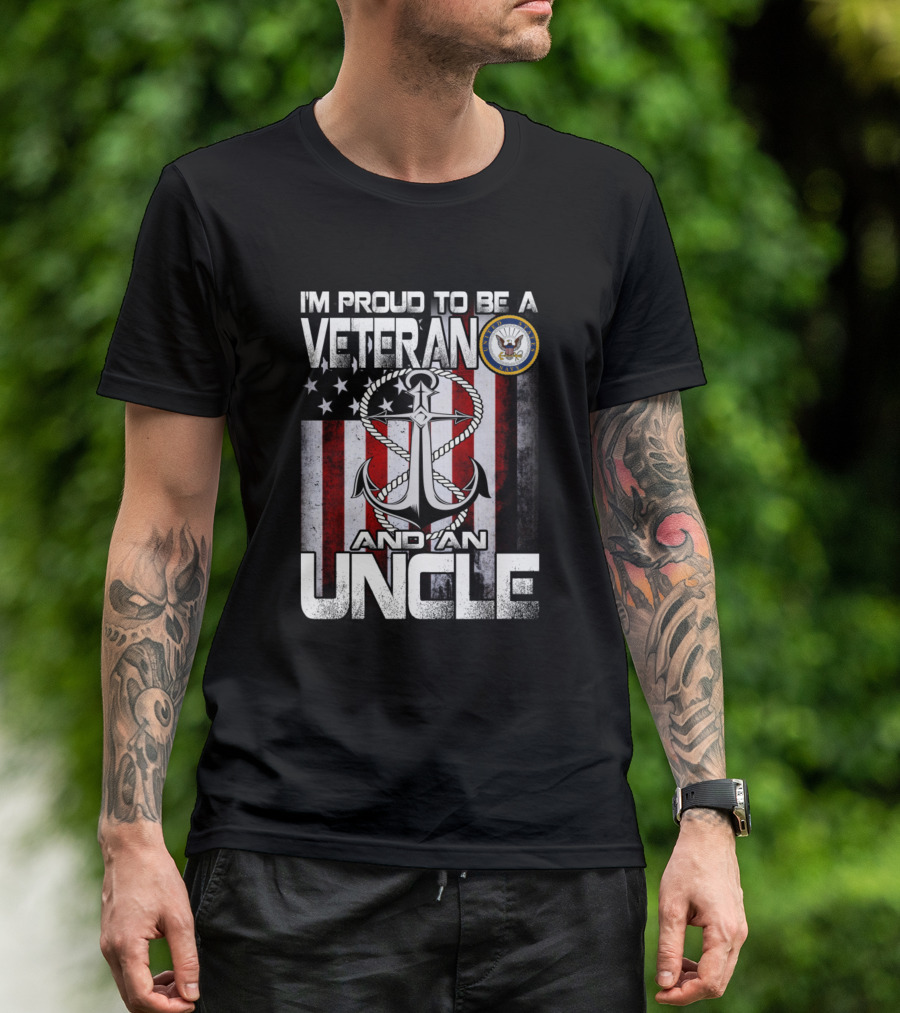 I'm Proud To Be A Veteran And An Uncle Navy Seal Anchor With American Flag Background T-Shirt