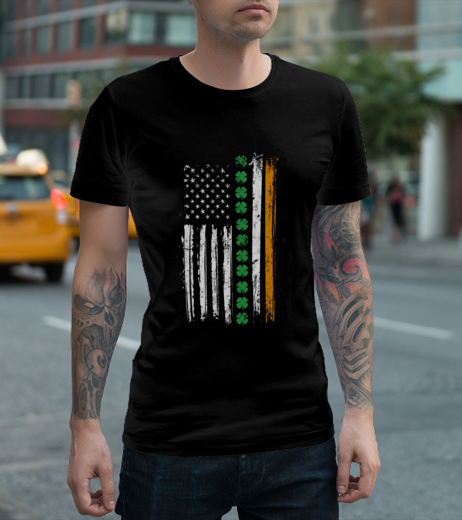 American Flag with Green Shamrocks and Irish Colors T-Shirt