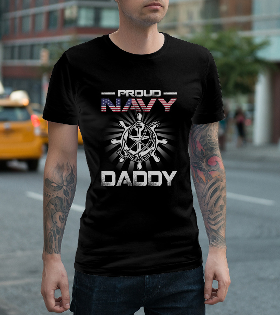 Proud Navy Daddy American Flag Anchor Wheel T-Shirt