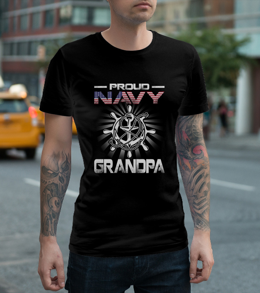PROUD NAVY GRANDPA USA Flag Anchor Wheel T-Shirt