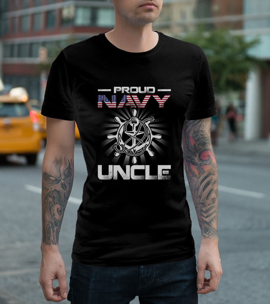 PROUD NAVY UNCLE Sailor Wheel Anchor American Flag T-Shirt