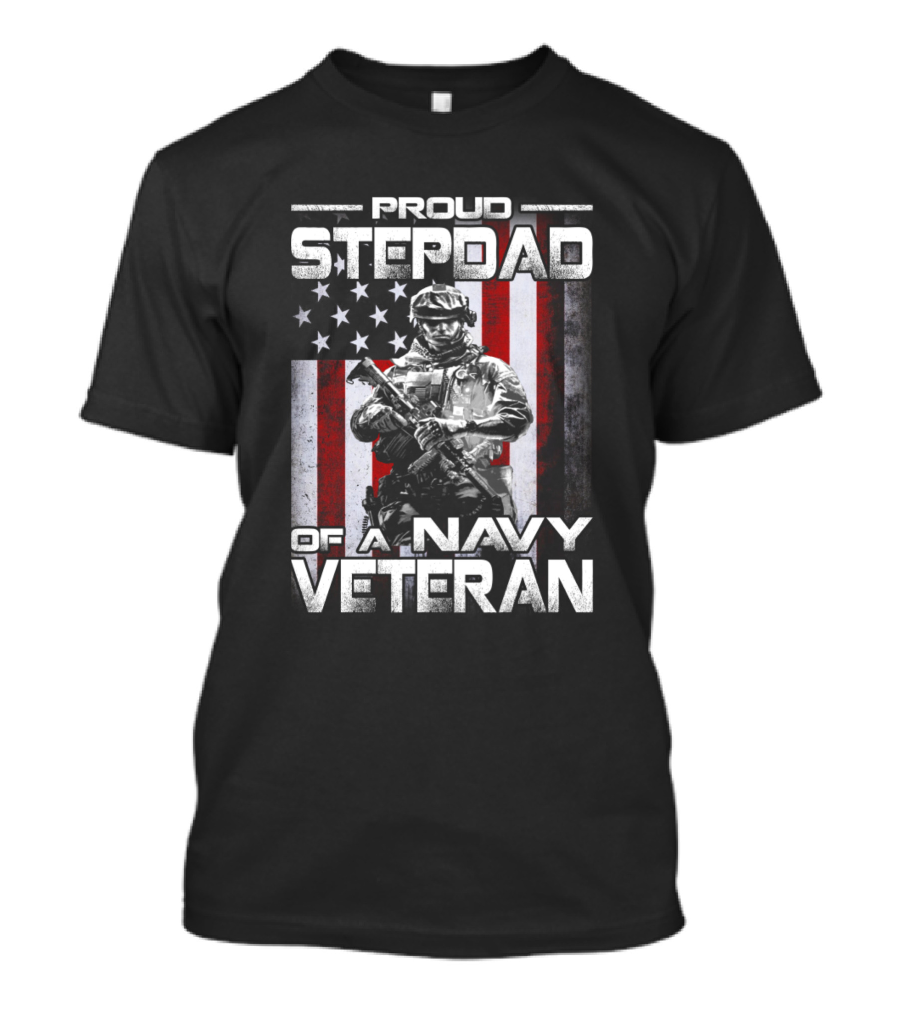 Proud Stepdad Of A Navy Veteran American Flag Soldier Background T-Shirt