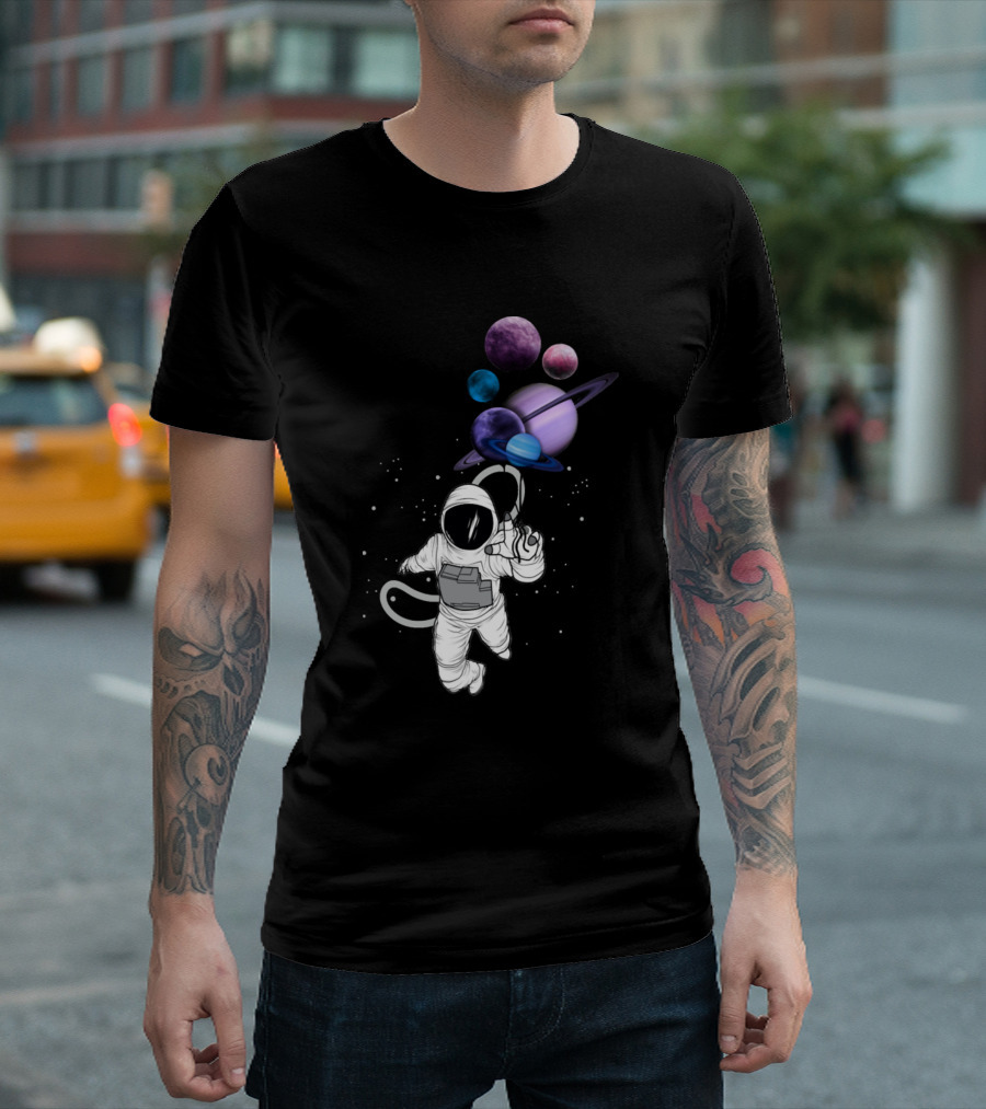 Astronaut Floating with Planet Balloons in Outer Space Fiction T-Shirt