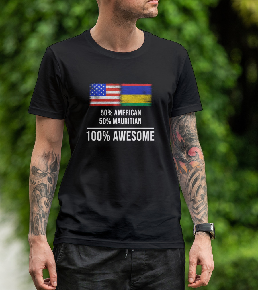 50 American 50 Mauritian 100 Awesome American Flag Mauritian Flag T-Shirt