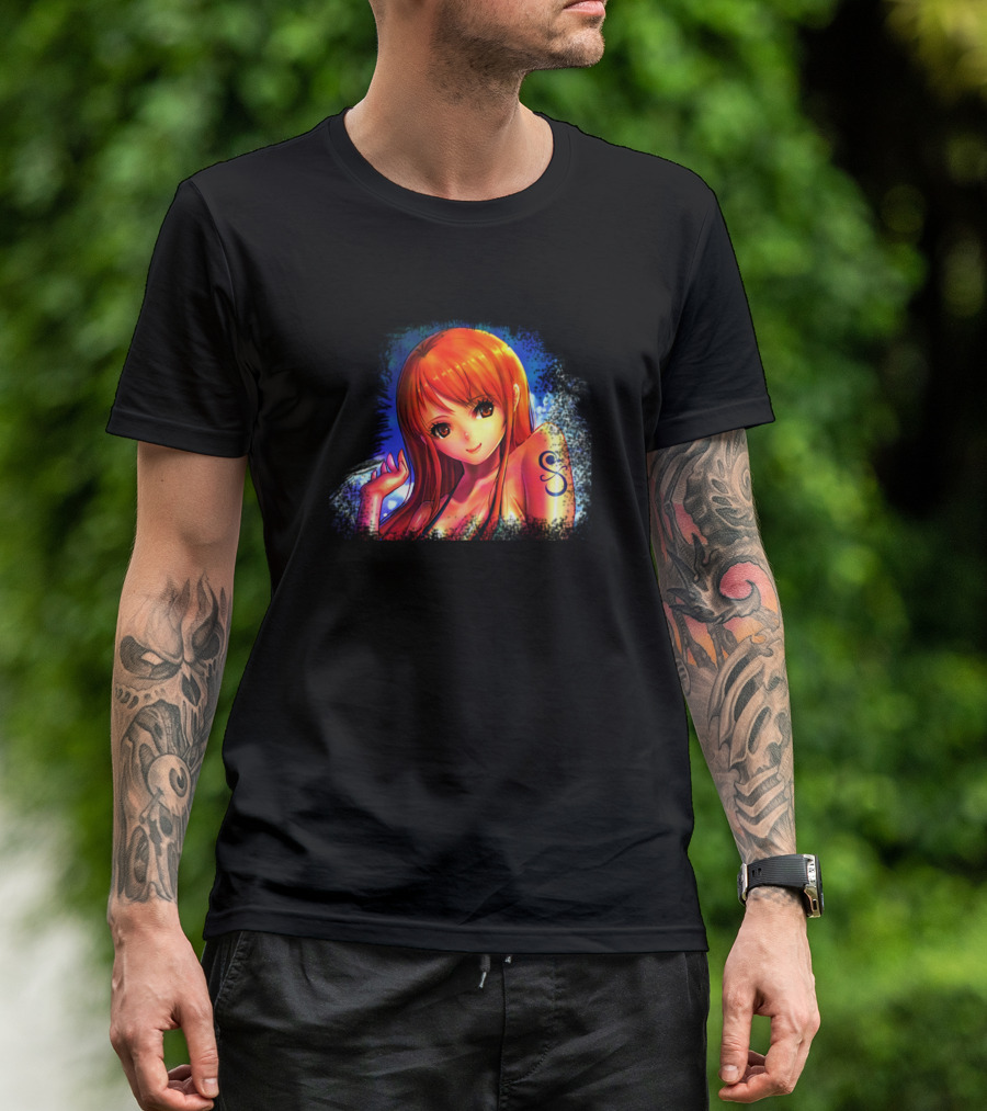 Anime Character With Long Orange Hair And Vibrant Background T-Shirt