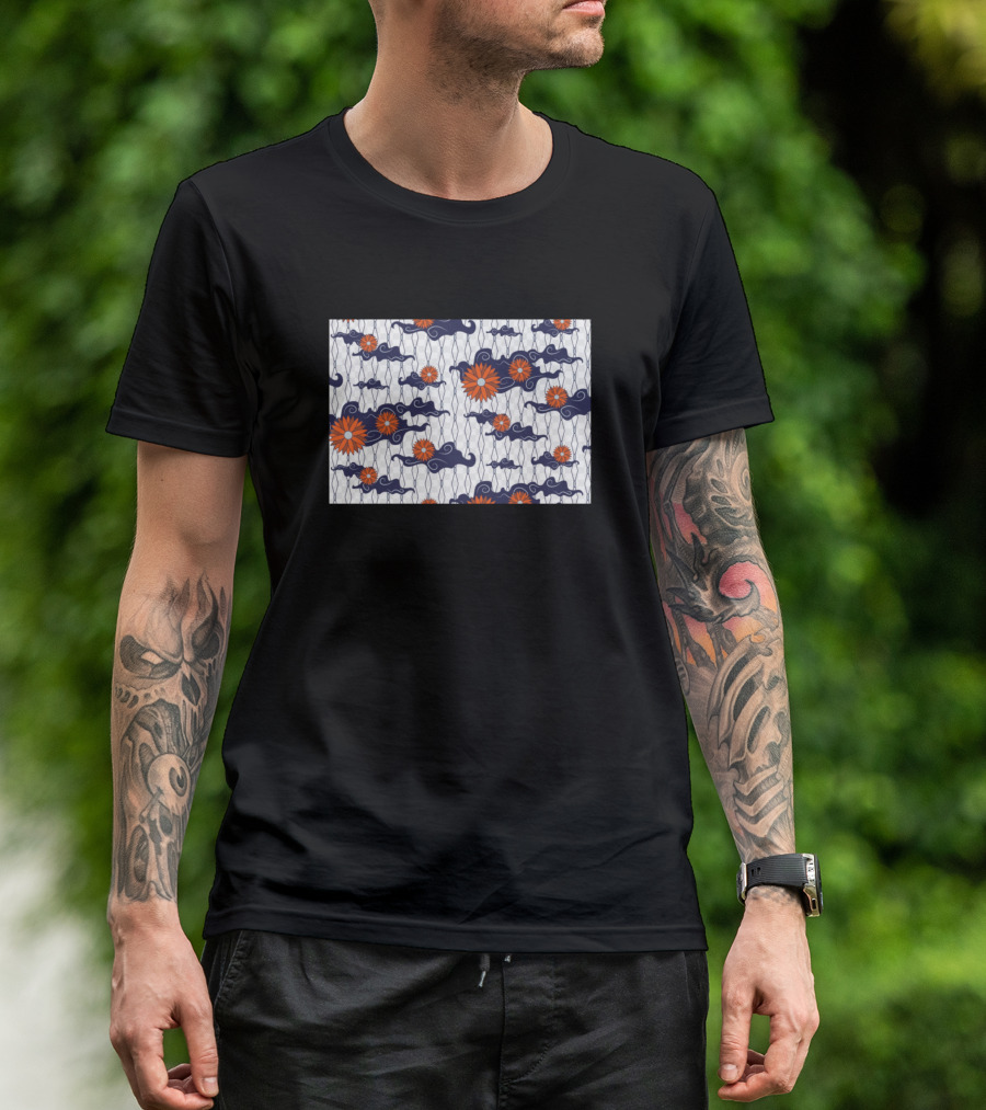 Batik Si Mbok Traditional Pattern With Orange And Blue Floral Motifs T-Shirt