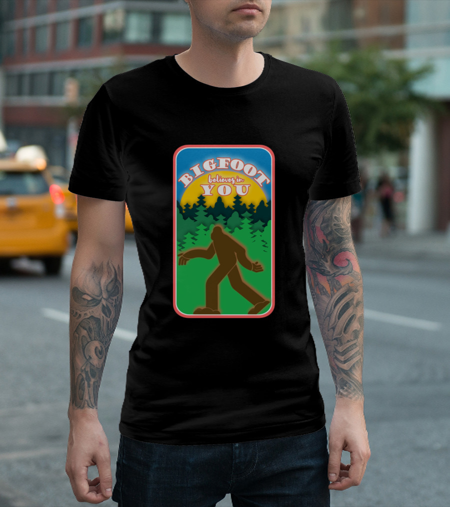 Bigfoot Believes In You Forest Silhouette Sunburst T-Shirt