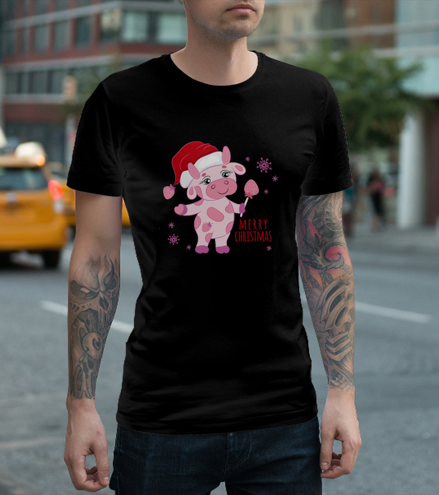 Merry Christmas Strawberry Cow Santa Hat Cute Farming T-Shirt
