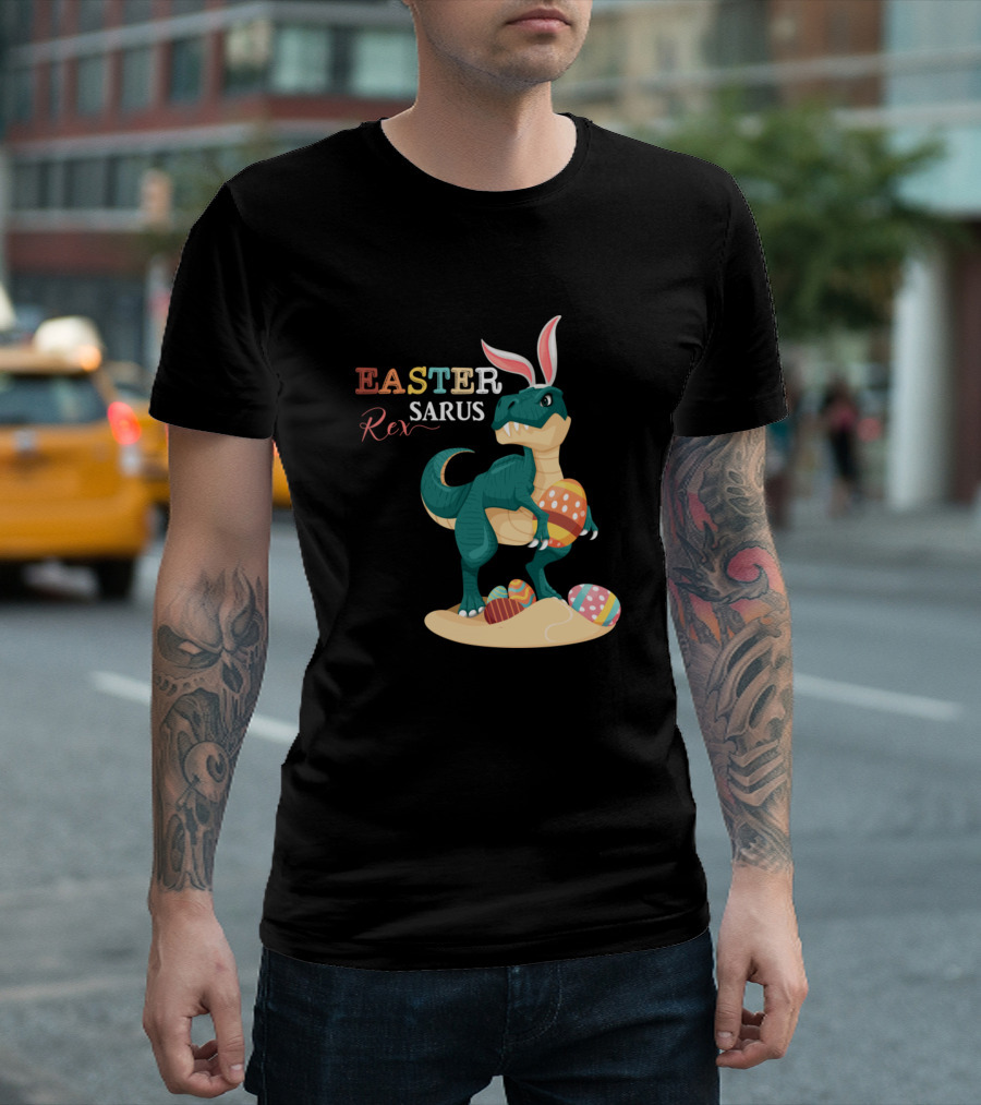 Easter Saurus Rex Dinosaur with Bunny Ears and Basket of Eggs T-Shirt