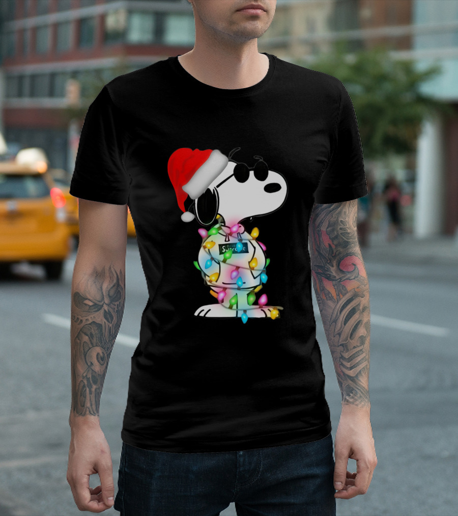 Snoopy Santa Hat Wrapped in Christmas Lights Sunglasses Smirk T-Shirt