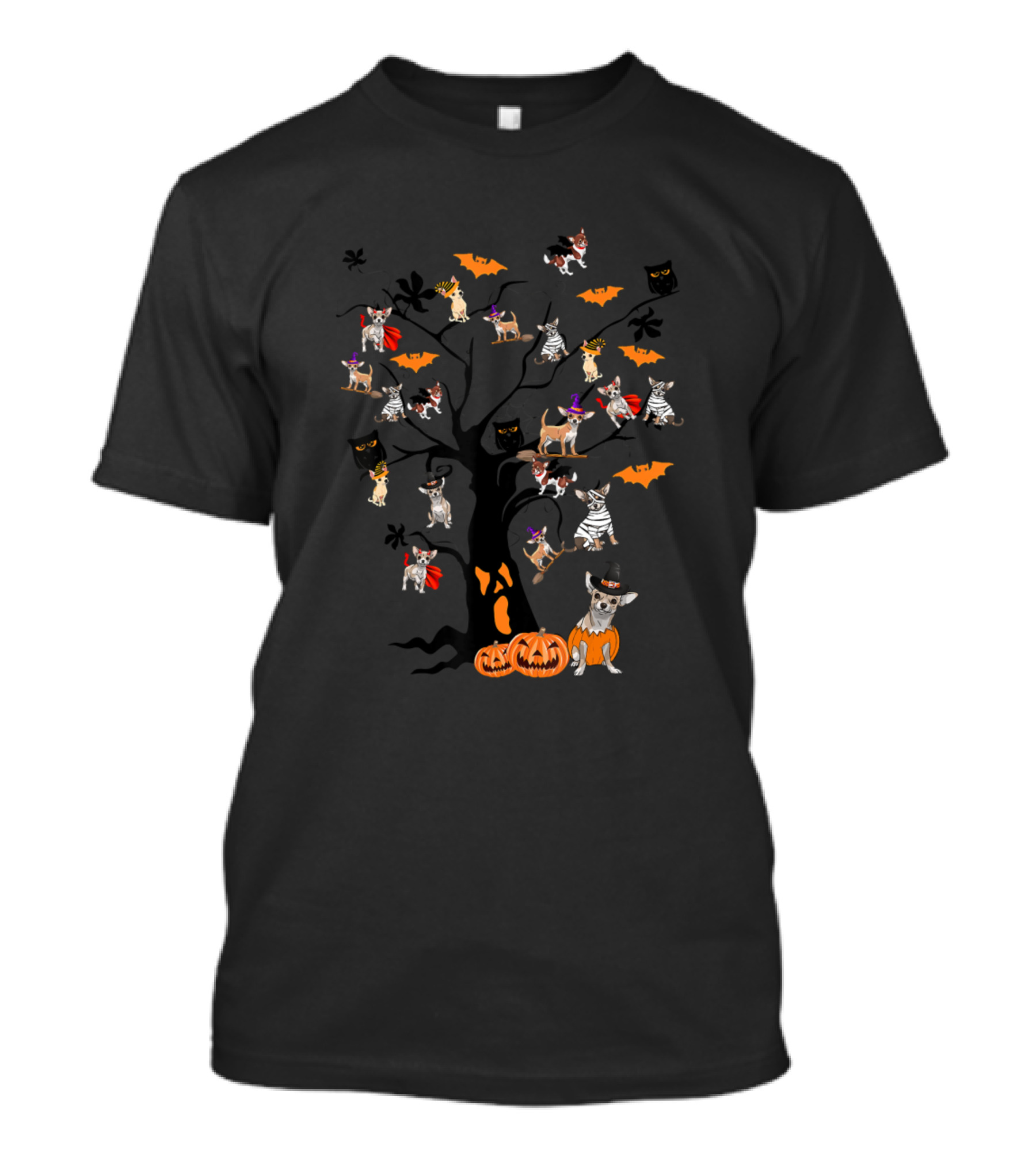 Chihuahua Halloween Tree With Witches Pumpkins And Bats T-Shirt