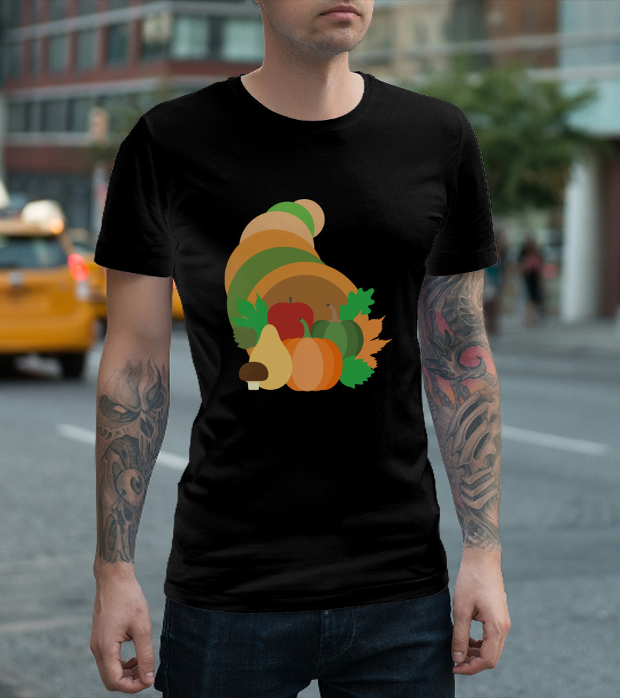 Cornucopia Harvest Pumpkin Apple Fall Leaves Squash Mushroom T-Shirt
