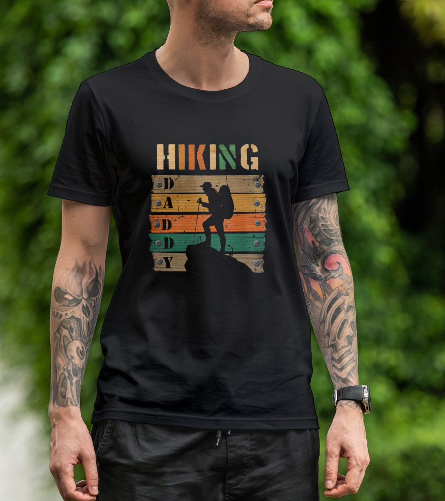 Hiking Daddy With Silhouette On Wood Plank Background T-Shirt