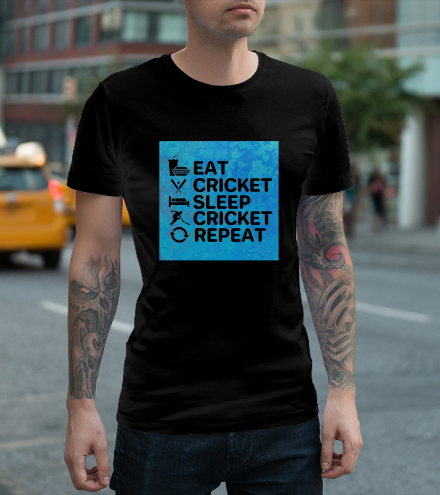 Eat Cricket Sleep Cricket Repeat Icons Blue Background T-Shirt