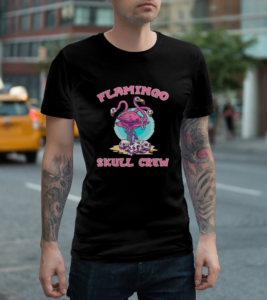 Flamingo Skull Crew Halloween Bones Necklace T-Shirt