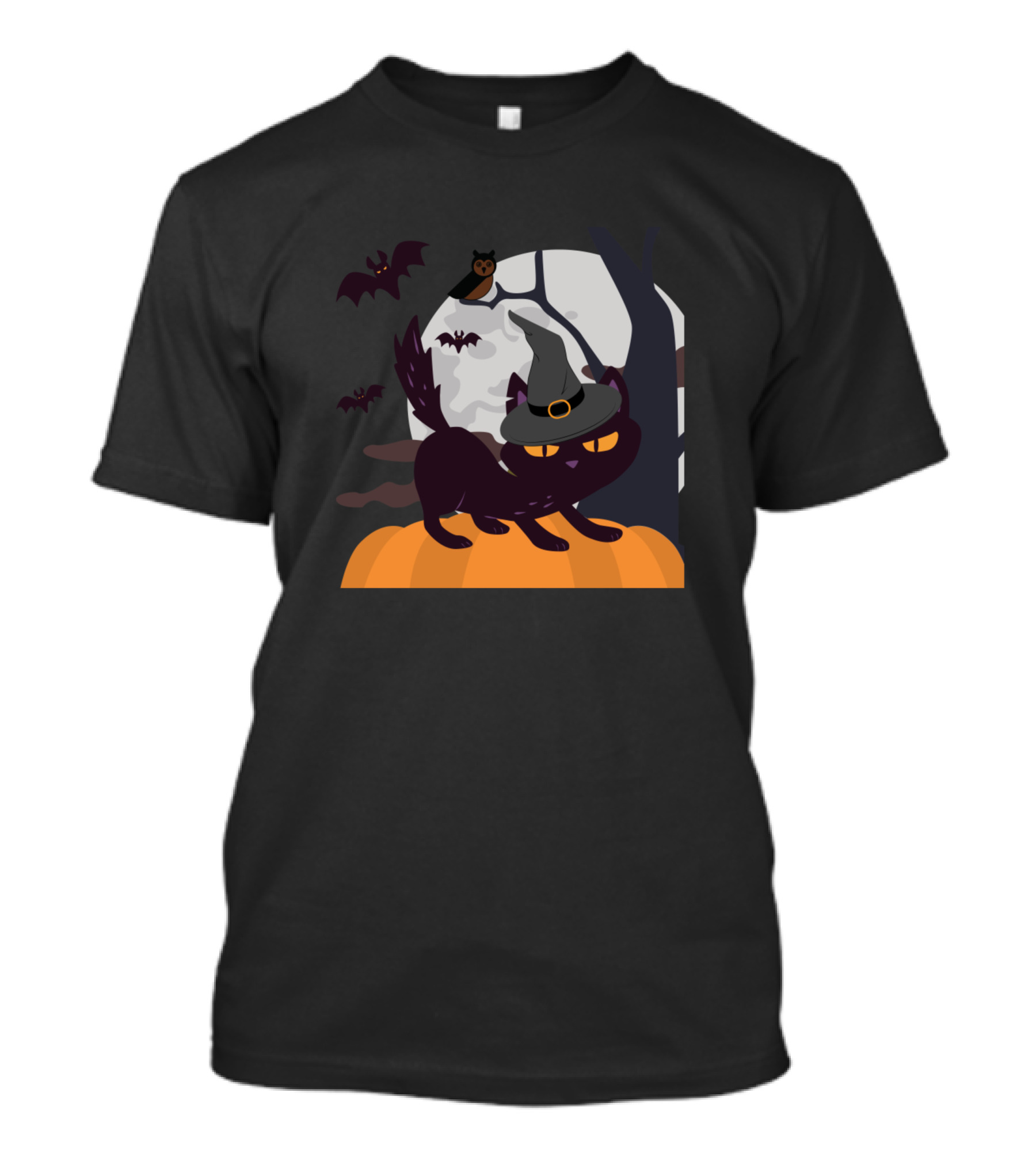 Halloween Black Cat With Witch Hat On Pumpkin With Moon, Bats, And Owl T-Shirt