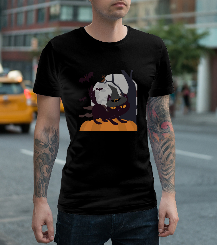 Halloween Black Cat With Witch Hat On Pumpkin With Moon, Bats, And Owl T-Shirt