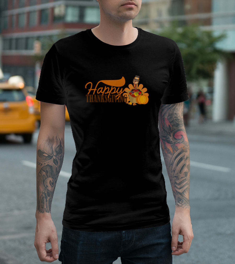 Happy Thanksgiving Funny Turkey With Pilgrim Hat And Harvest Pumpkin T-Shirt