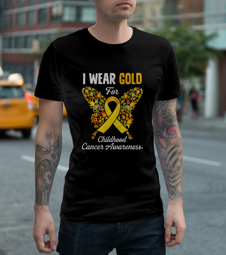I Wear Gold for Childhood Cancer Awareness Butterfly Ribbon T-Shirt