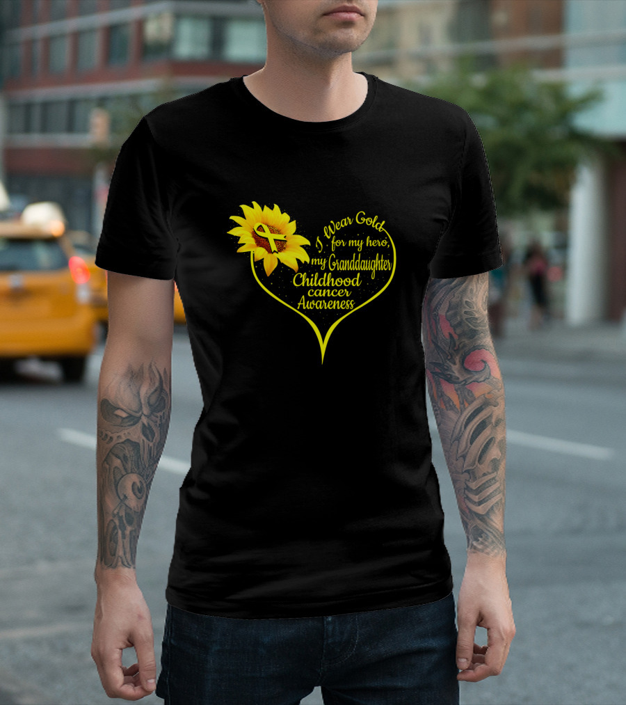 I Wear Gold For My Hero Granddaughter Childhood Cancer Awareness Sunflower Heart T-Shirt