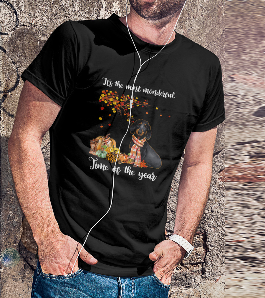 Its The Most Wonderful Time Of The Year Dog Autumn Leaves Pumpkins T-Shirt