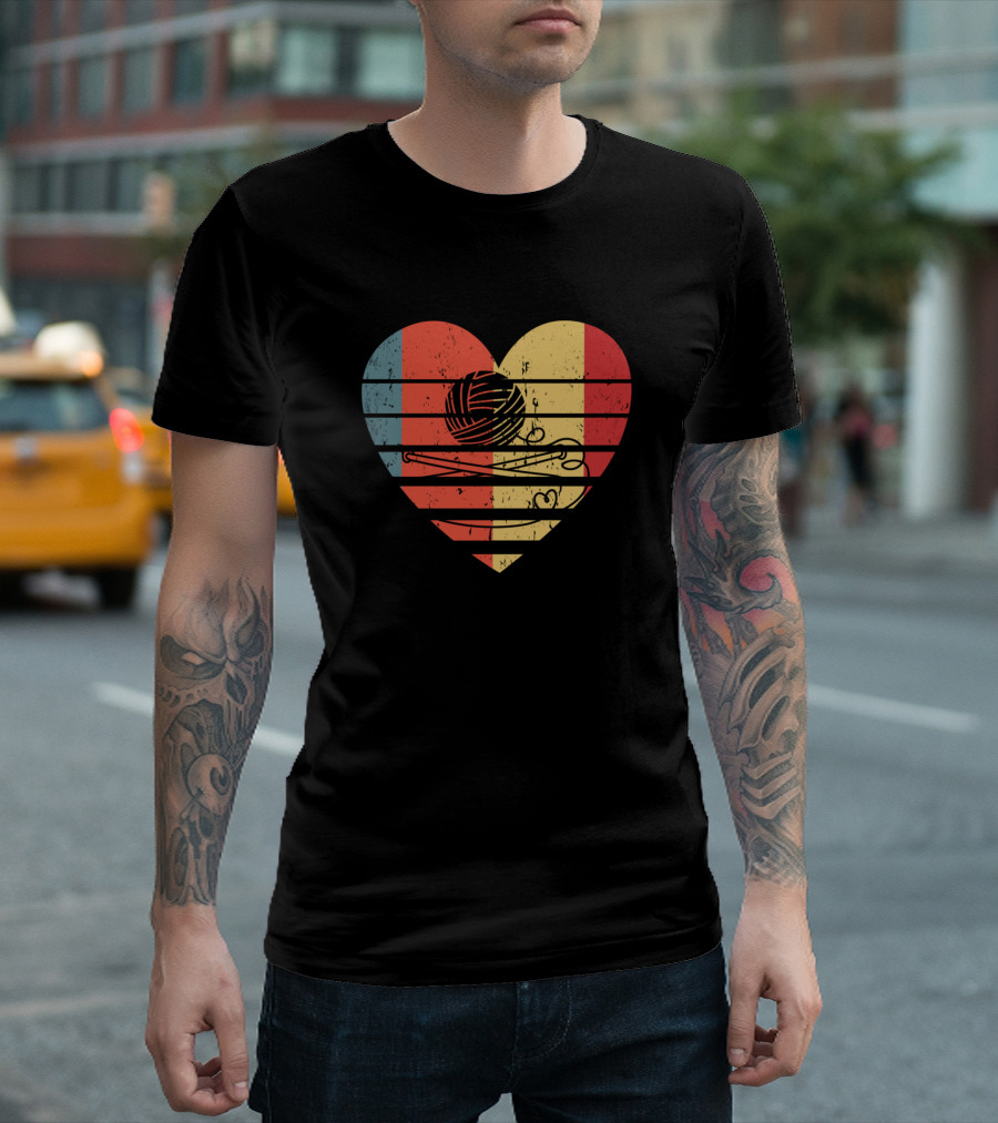 Knitting Crochet Lover Heart Yarn Sunset Fun T-Shirt