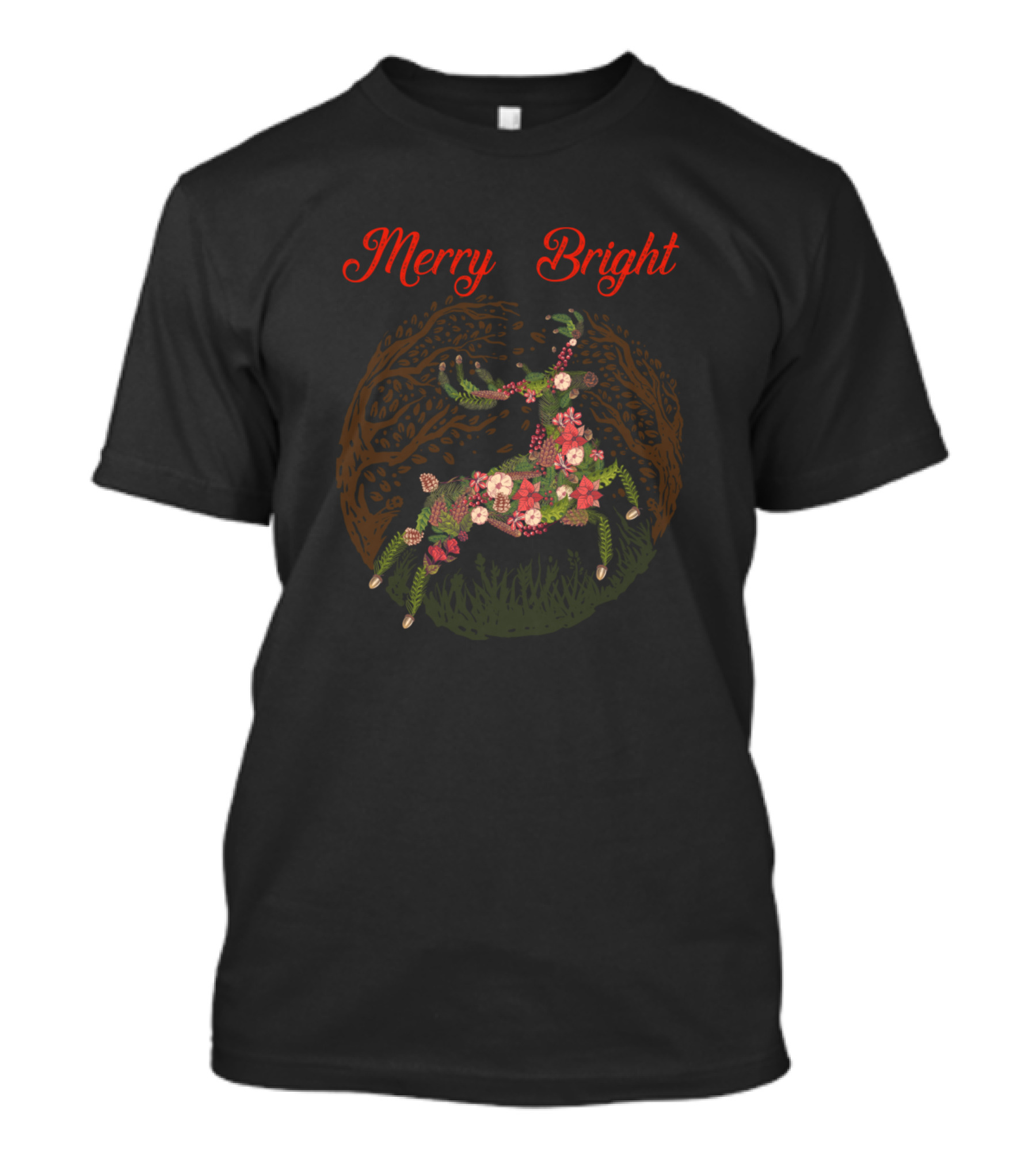 Merry Bright Botanical Christmas Floral Reindeer T-Shirt