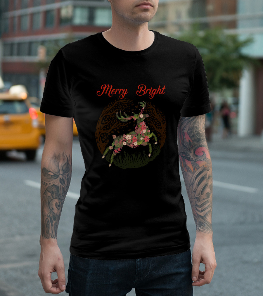 Merry Bright Botanical Christmas Floral Reindeer T-Shirt