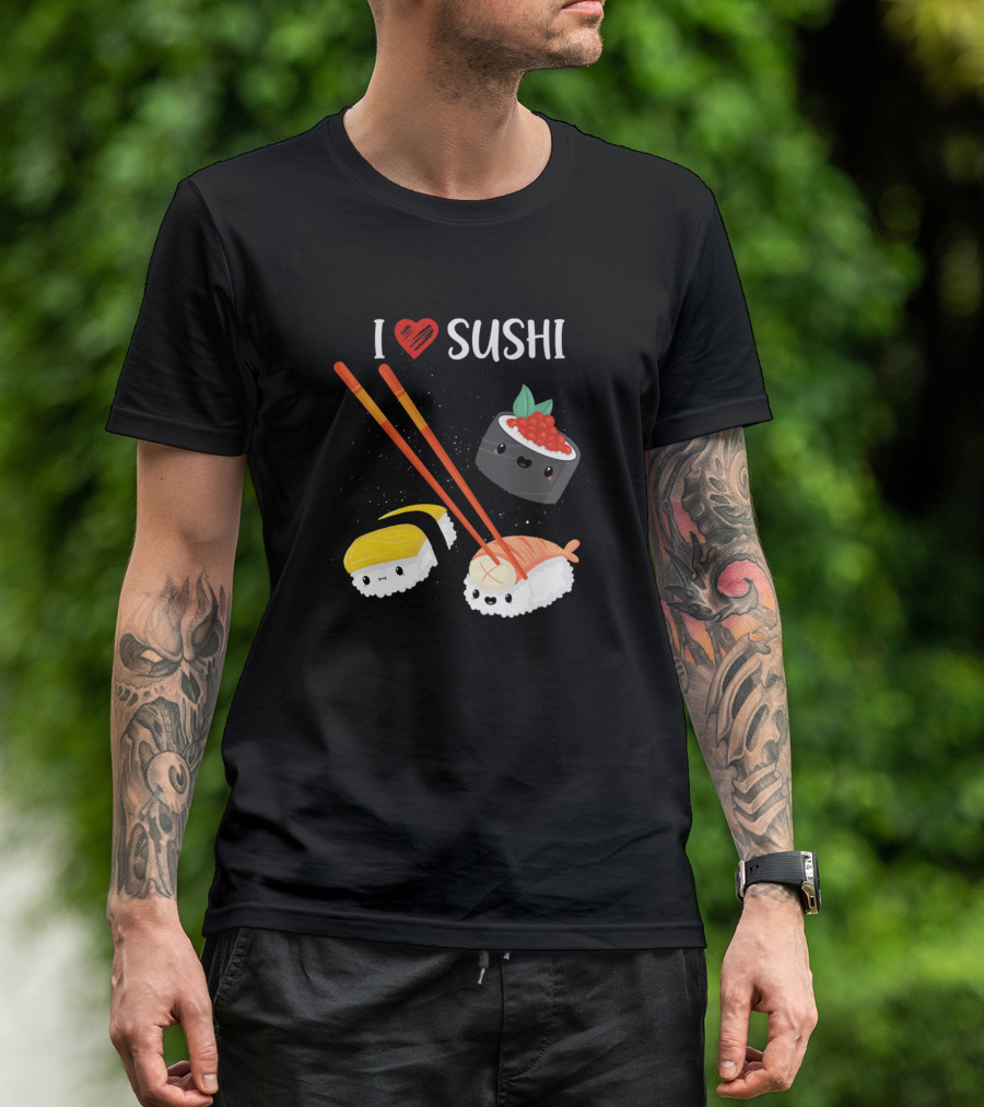 I Love Sushi Modern Unique Japanese Sashimi Soya Sashimi With Heart And Cute Characters T-Shirt