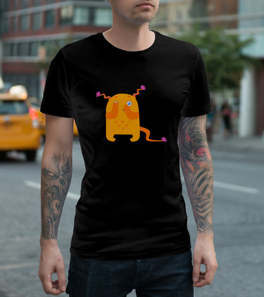Monster Orange Cute Whimsical Creature with Wiggly Antennae and Heart Patches T-Shirt