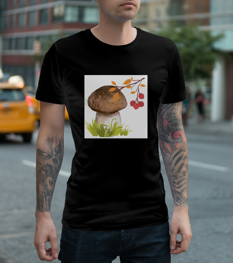 Mushroom And Red Berries With Leaves And Grass T-Shirt