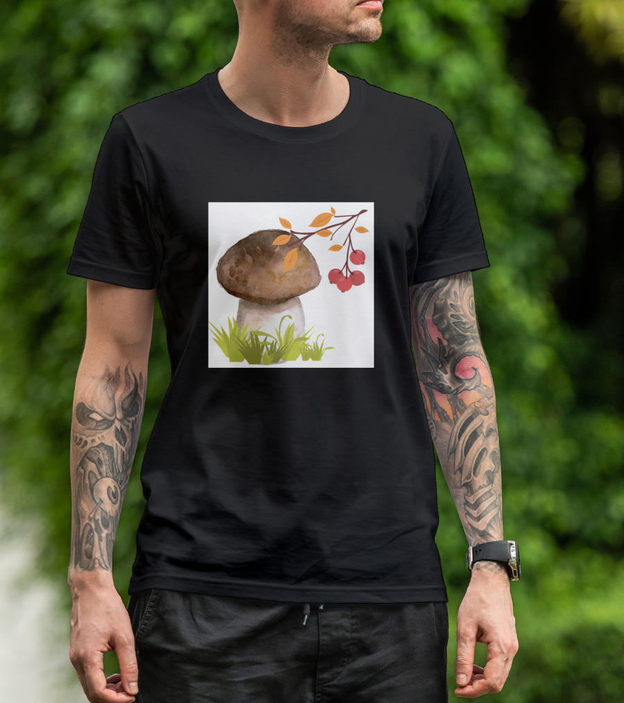 Mushroom And Red Berries With Leaves And Grass T-Shirt