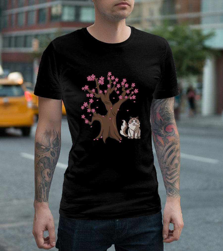 Ragdoll Cat Under Japanese Cherry Blossom Tree T-Shirt