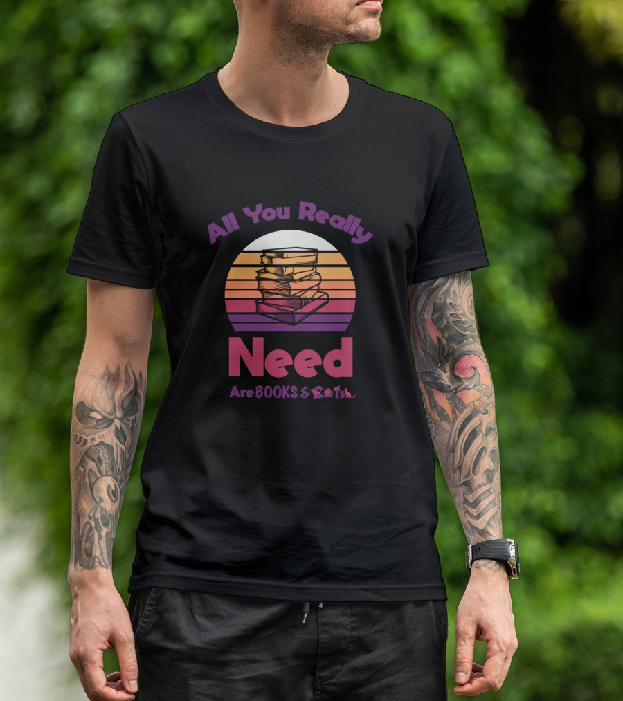 Retro Vintage All You Really Need Are Books And Cats Stacked Books Sunset Stripe T-Shirt