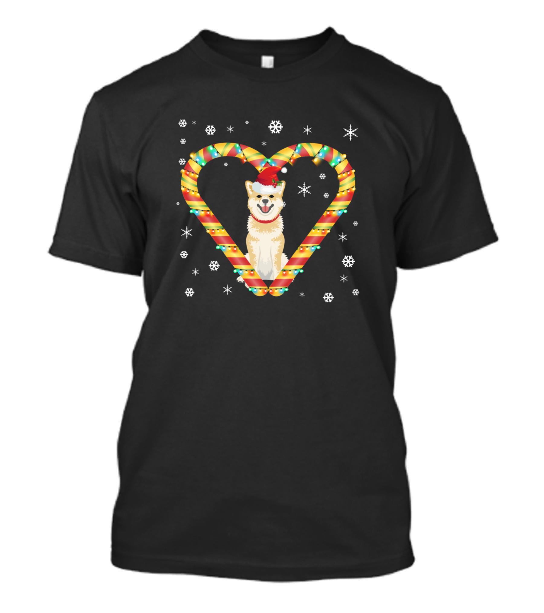 Shiba Inu Christmas Candy Cane Heart With Santa Hat And Snowflakes T-Shirt