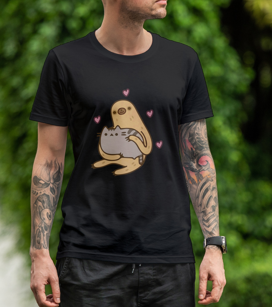 Sloth Cuddling Cat Surrounded By Hearts T-Shirt