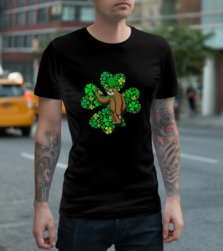 Sloth With Green Top Hat And Bowtie Holding 4 Leaf Clover T-Shirt