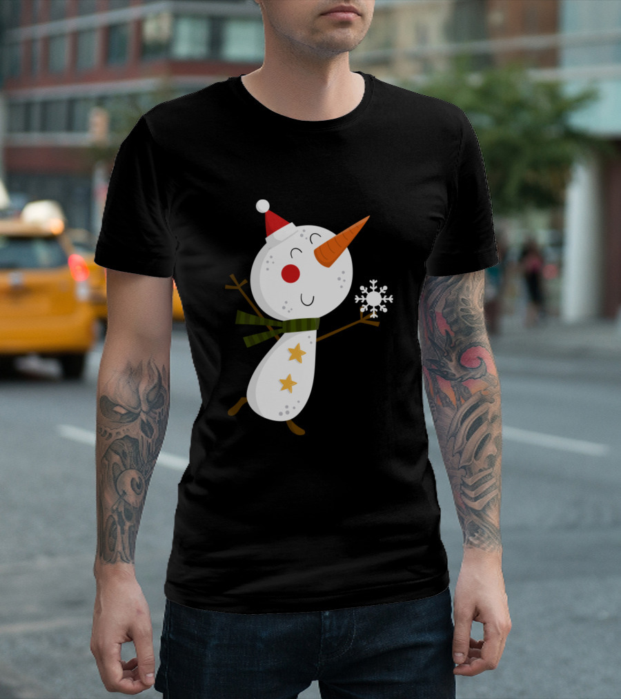 Snowman With Santa Hat Holding Snowflake And Green Scarf T-Shirt
