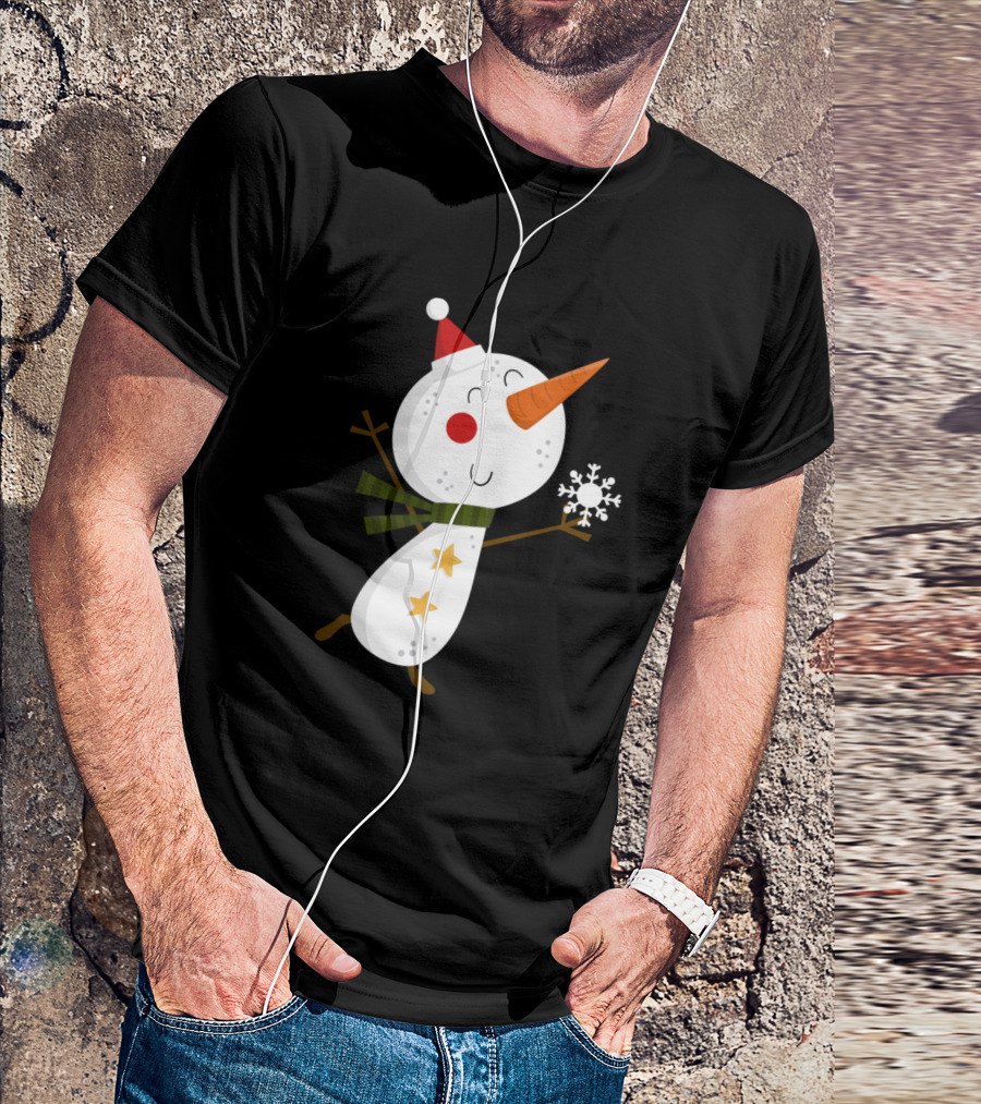 Snowman With Santa Hat Holding Snowflake And Green Scarf T-Shirt