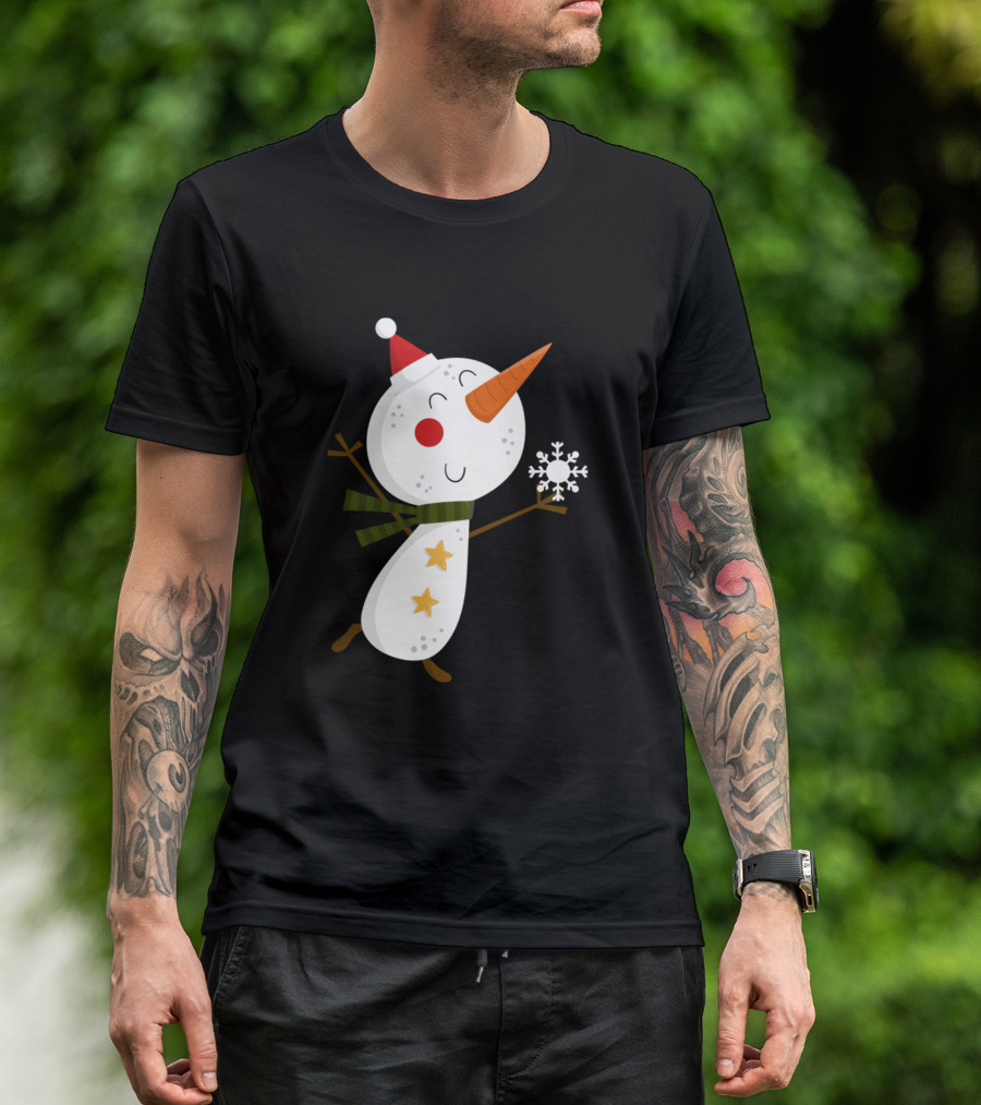 Snowman With Santa Hat Holding Snowflake And Green Scarf T-Shirt