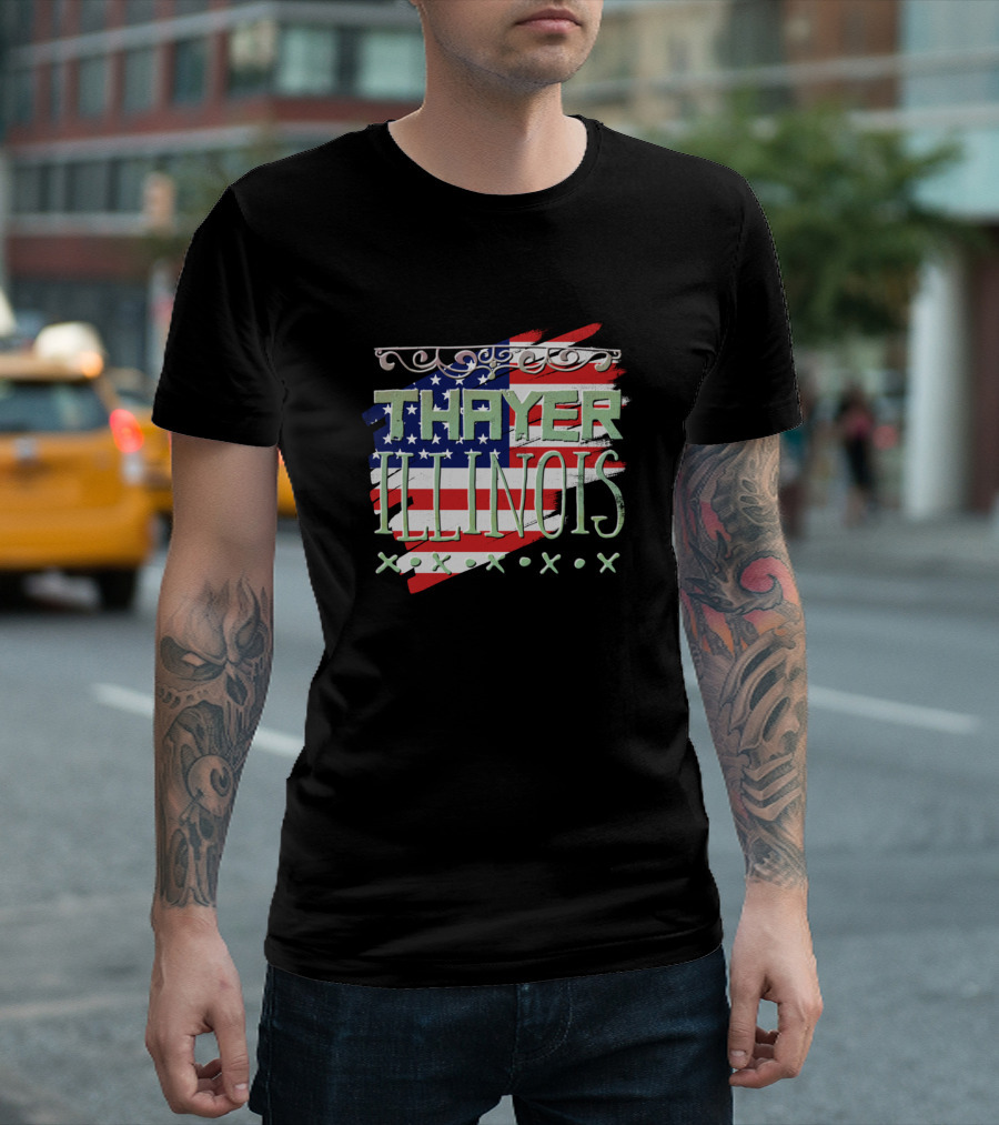 Thayer Illinois American Flag Motif with Decorative Swirls and XOXO T-Shirt
