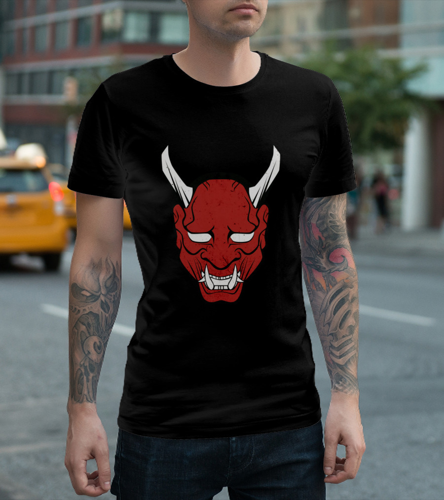 The Oni Red Mask with Horns and Fangs T-Shirt