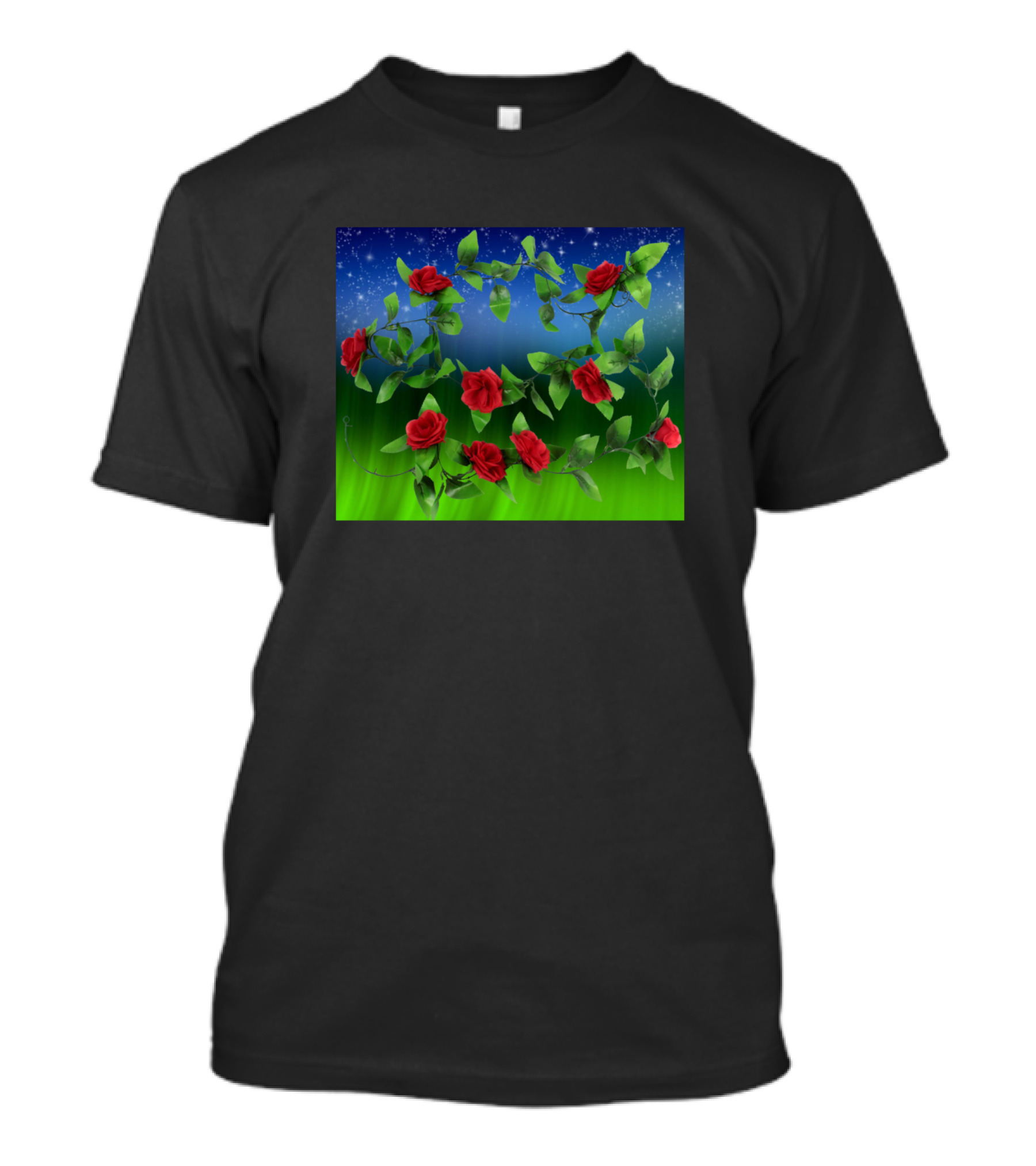 The Red Rose Whispers Of Passion Under Starry Night Sky With Green Leaves T-Shirt