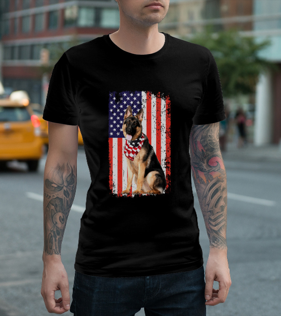 American Flag German Shepherd Dog With USA Bandana T-Shirt