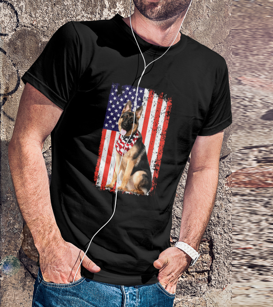 American Flag German Shepherd Dog With USA Bandana T-Shirt