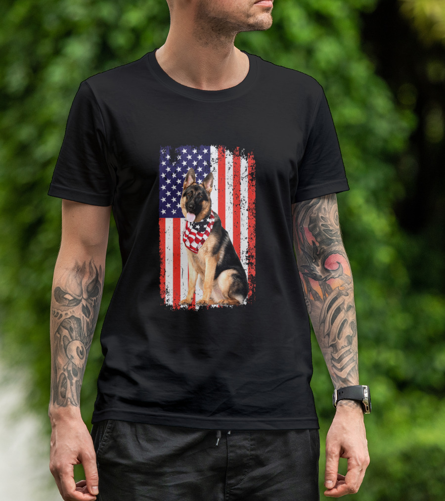 American Flag German Shepherd Dog With USA Bandana T-Shirt
