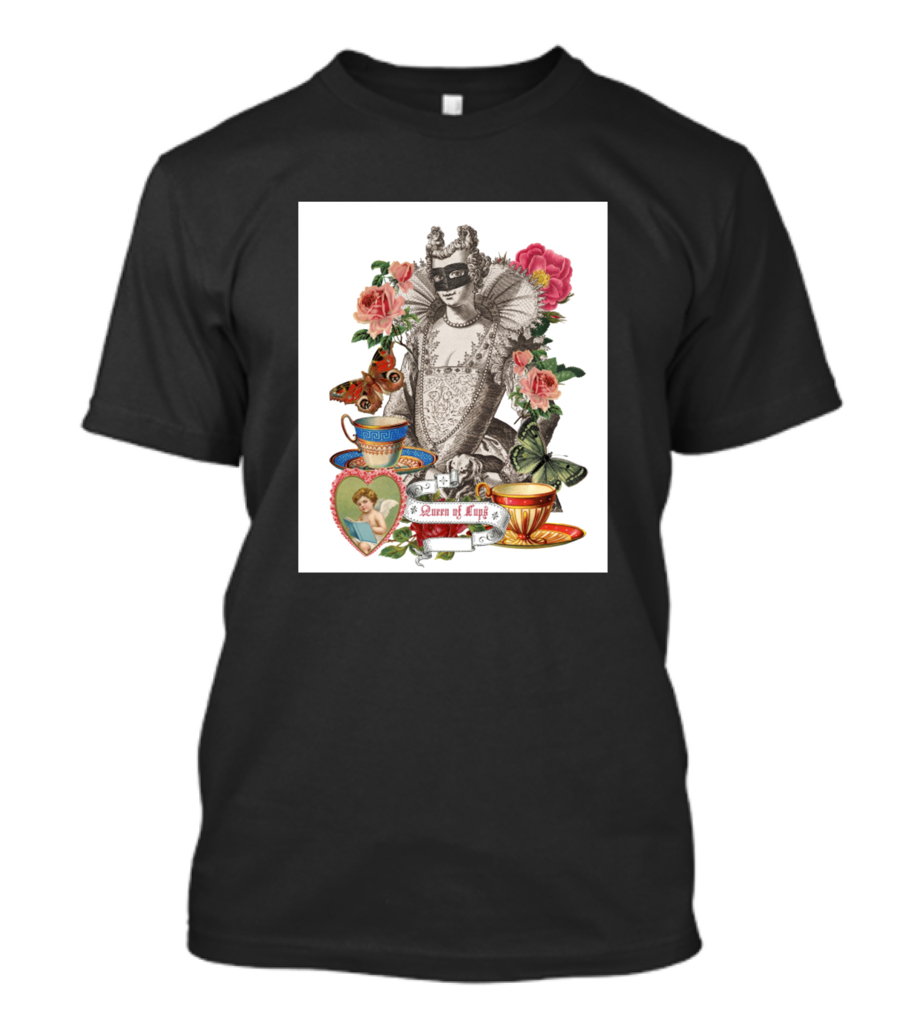 Queen Of Cups Anne Boleyn Roses Butterflies Tea Cups T-Shirt