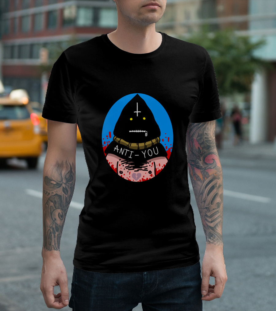 Anti You Dark Hooded Figure with Inverted Cross and Zipper Mouth T-Shirt