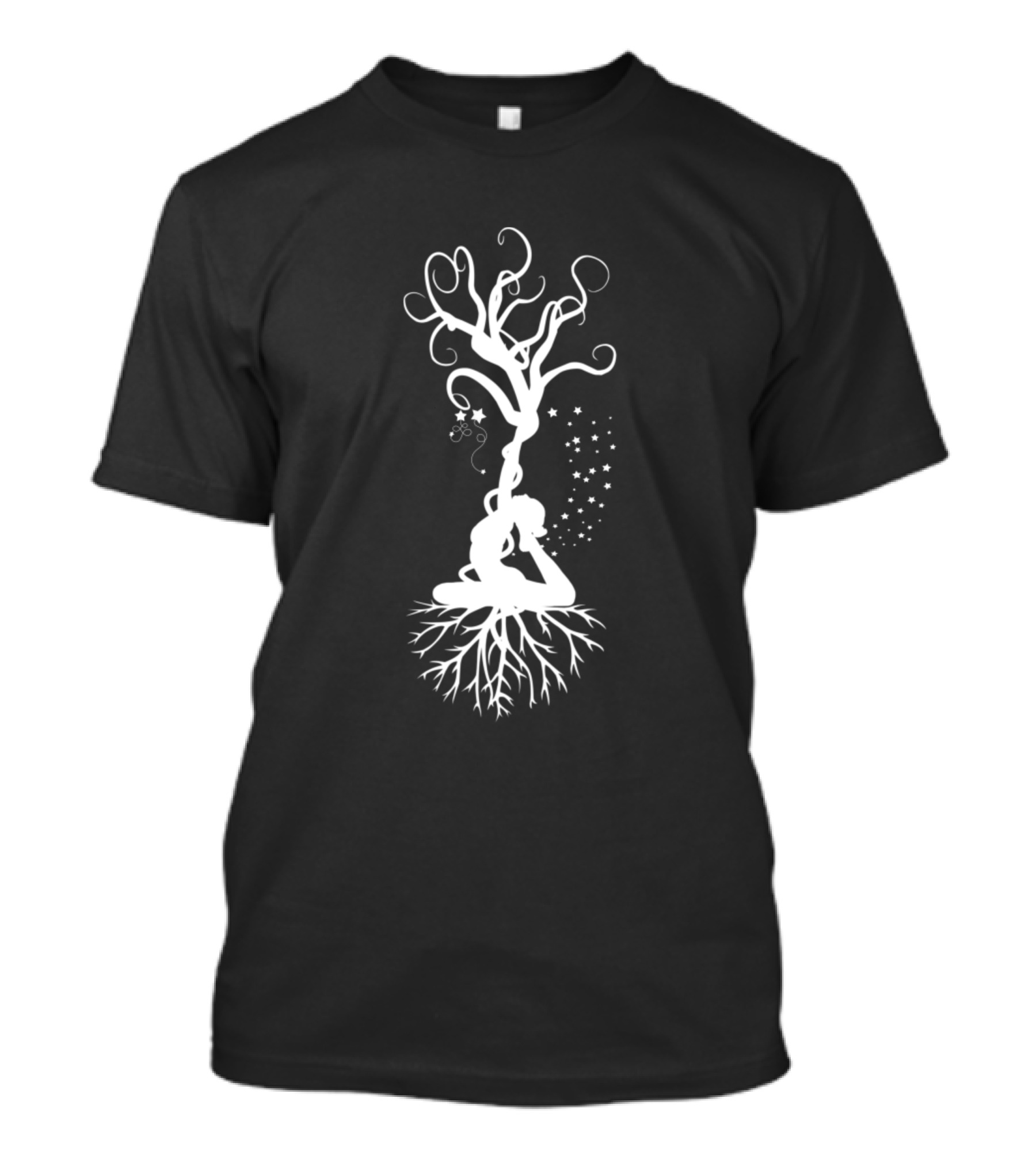 Beautiful Black Gradient Yoga Tree Pose With Stars And Roots T-Shirt