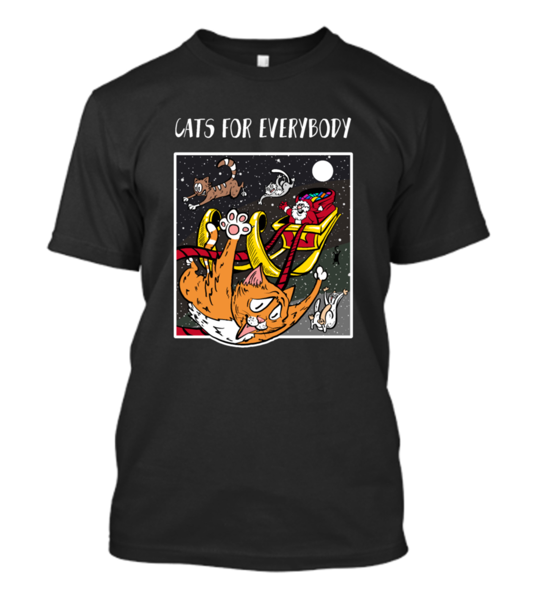 Cats For Everybody Funny Ugly Christmas Cute Cat Santa's Sleigh T-Shirt